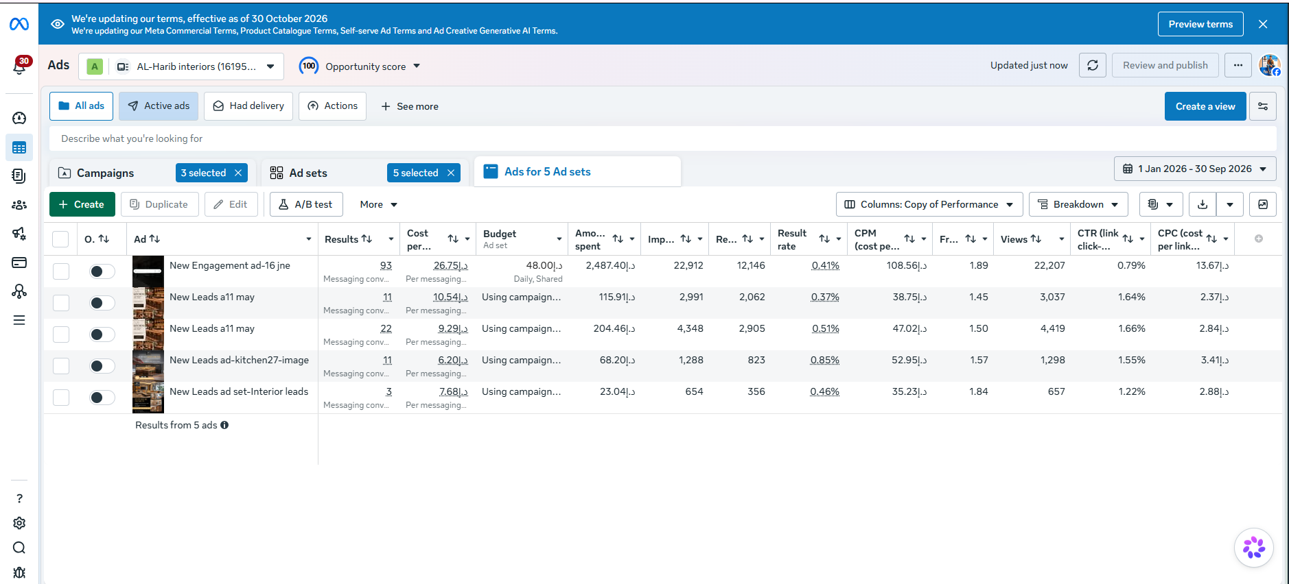 Supplied Meta Ads Manager screenshot showing individual-ad performance for five ads