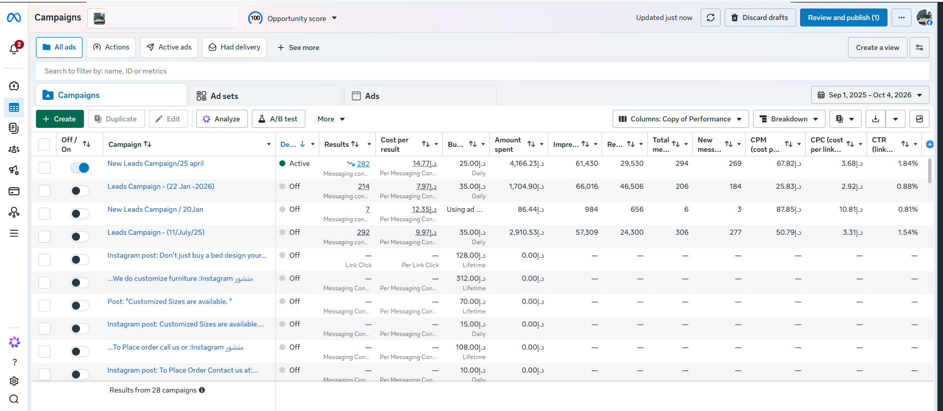 Real Home Sleep Home Meta Ads Manager screenshot showing campaign names and results, cost per messaging conversation, spend, impressions, reach, CPM, CPC and link CTR.