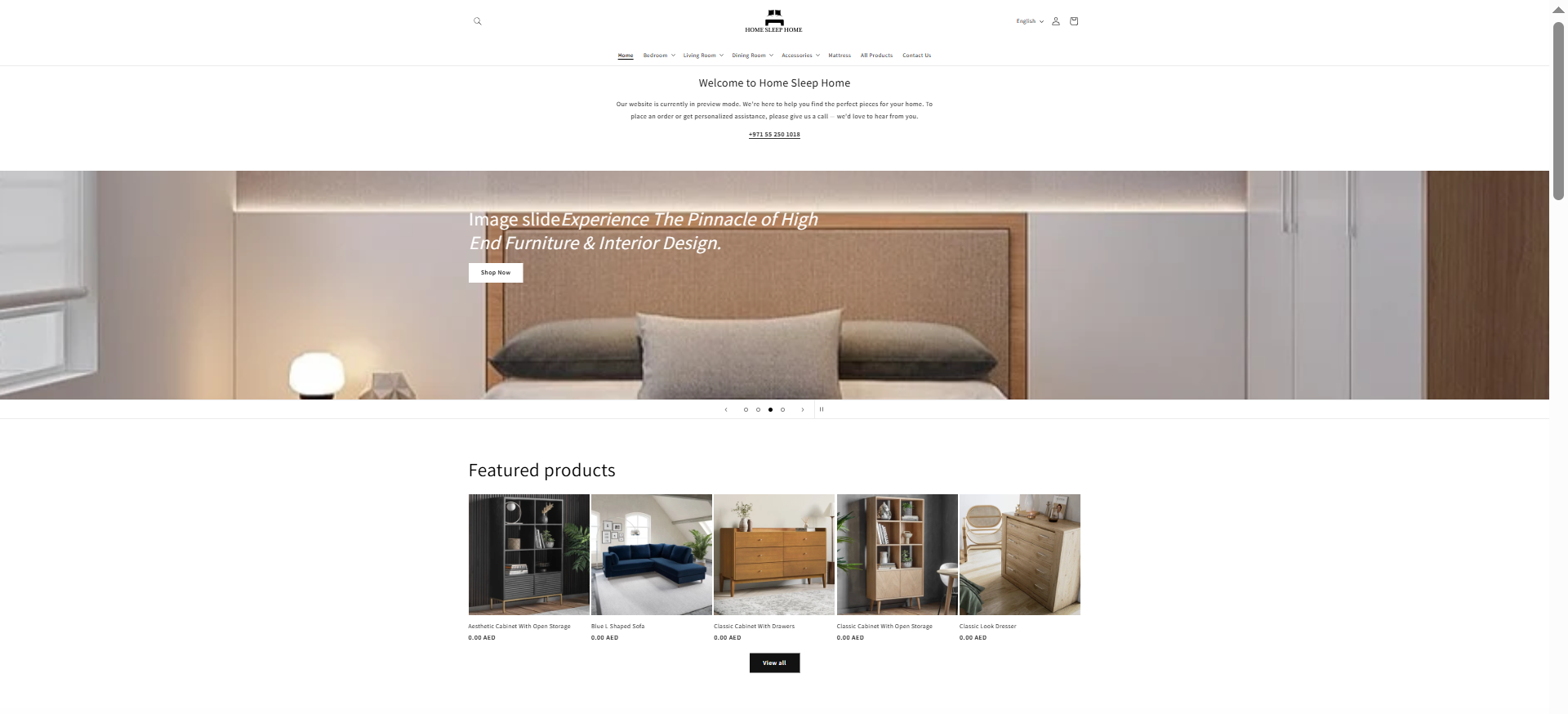 Real Home Sleep Home website screenshot showing furniture and home-interior products and a preview-mode notice.