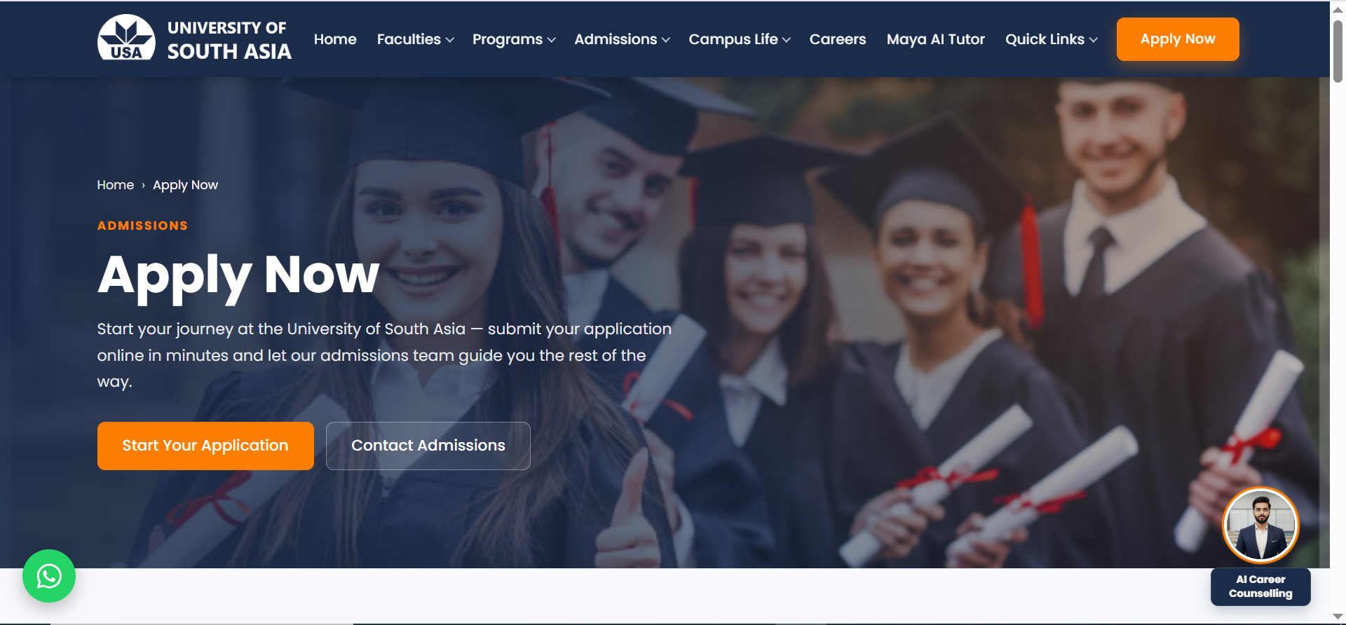 Real University of South Asia admissions Apply Now page screenshot, showing the path toward application intent.