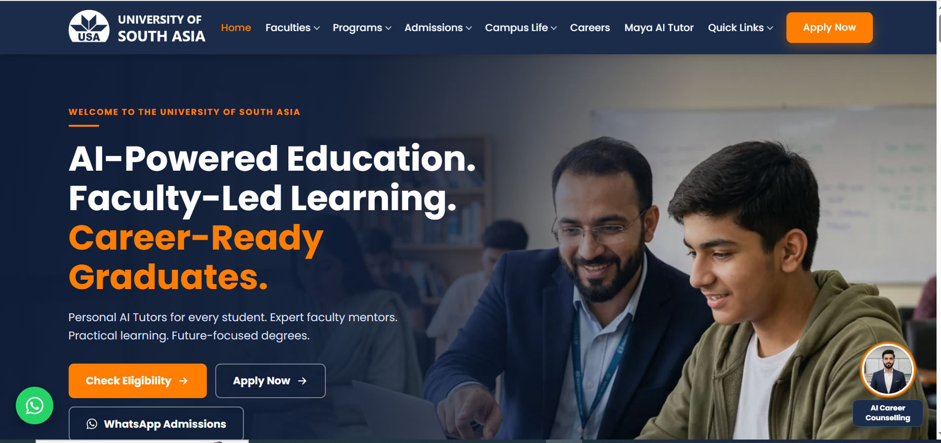 Real University of South Asia homepage screenshot, showing the institution's digital presence.