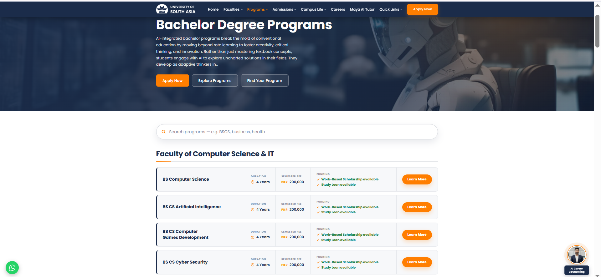 Real University of South Asia programs page screenshot, showing program discovery.