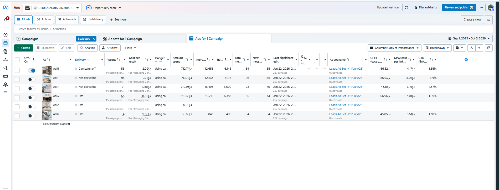 Supplied Meta Ads Manager screenshot showing ad-level performance for the 292-result campaign.