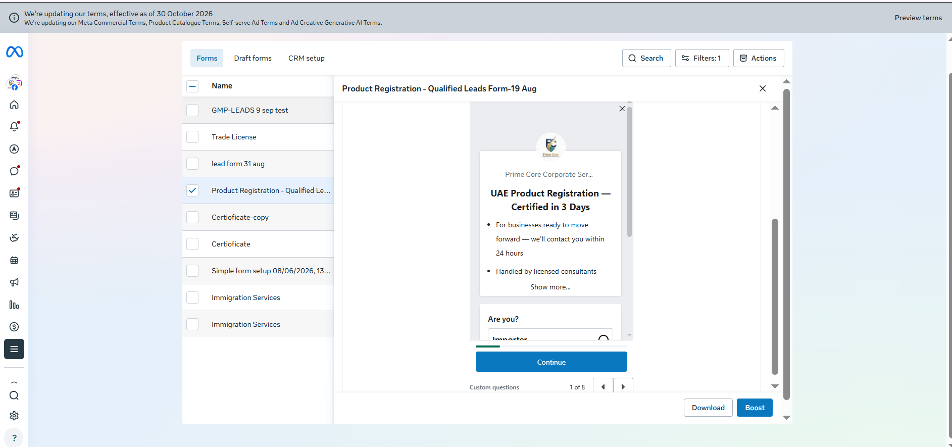 Supplied Product Registration instant-form screenshot showing business role options