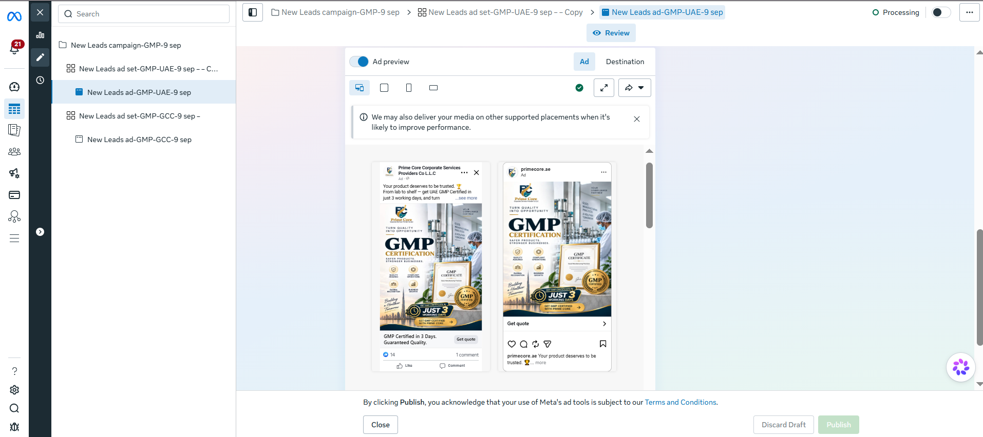 Supplied Prime Core GMP Certificate campaign creative shown in Meta Ads Manager