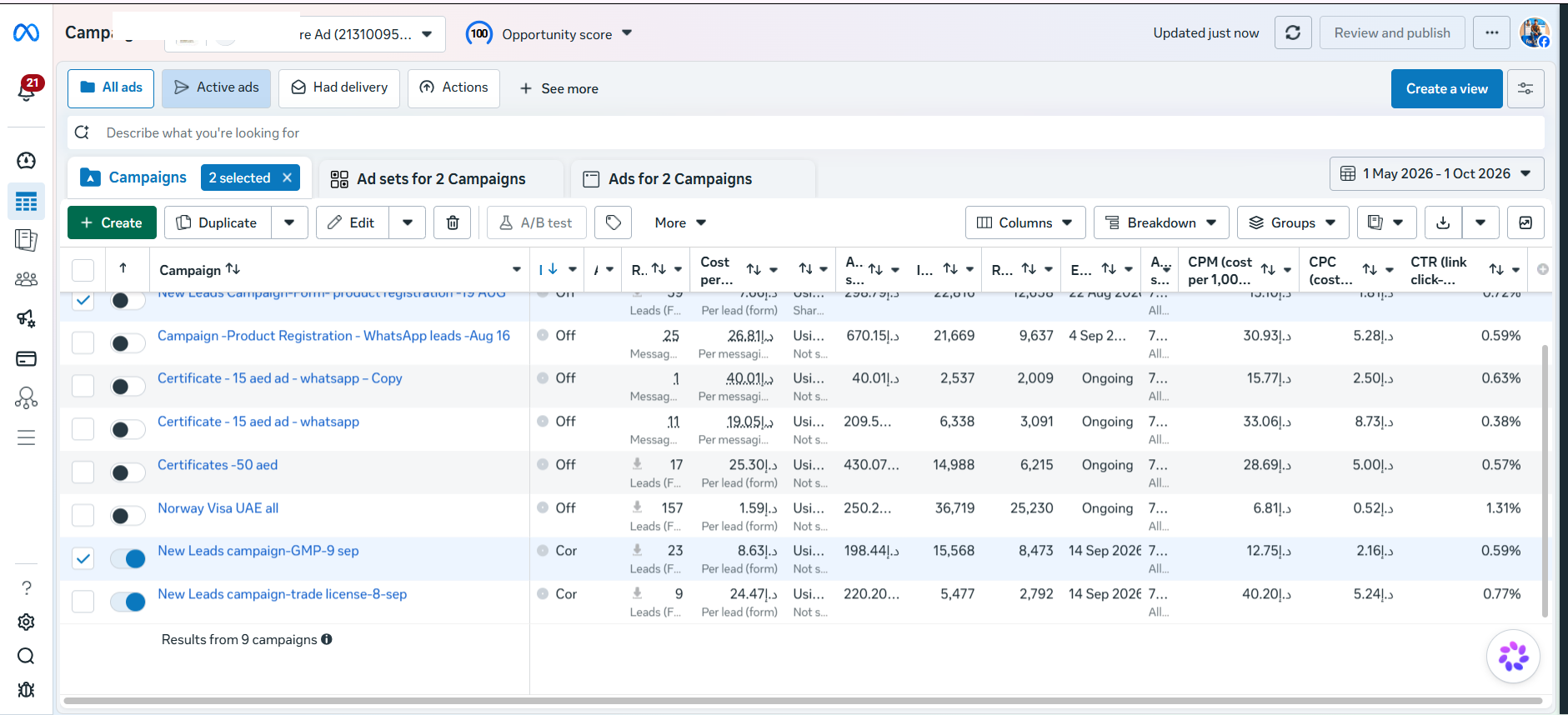 Supplied GMP Certificate Meta Ads campaign performance screenshot with account identifier masked
