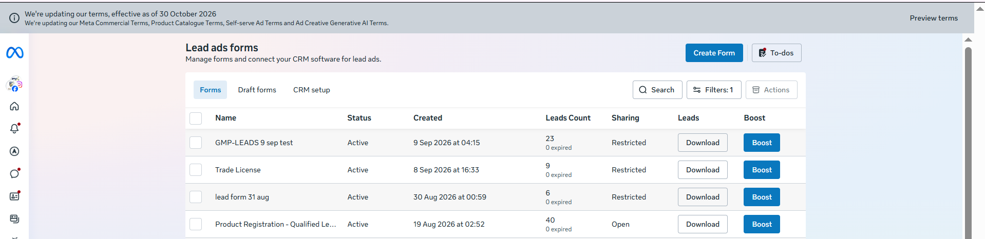 Supplied Meta Lead Ads Forms overview screenshot, shown as form infrastructure evidence only