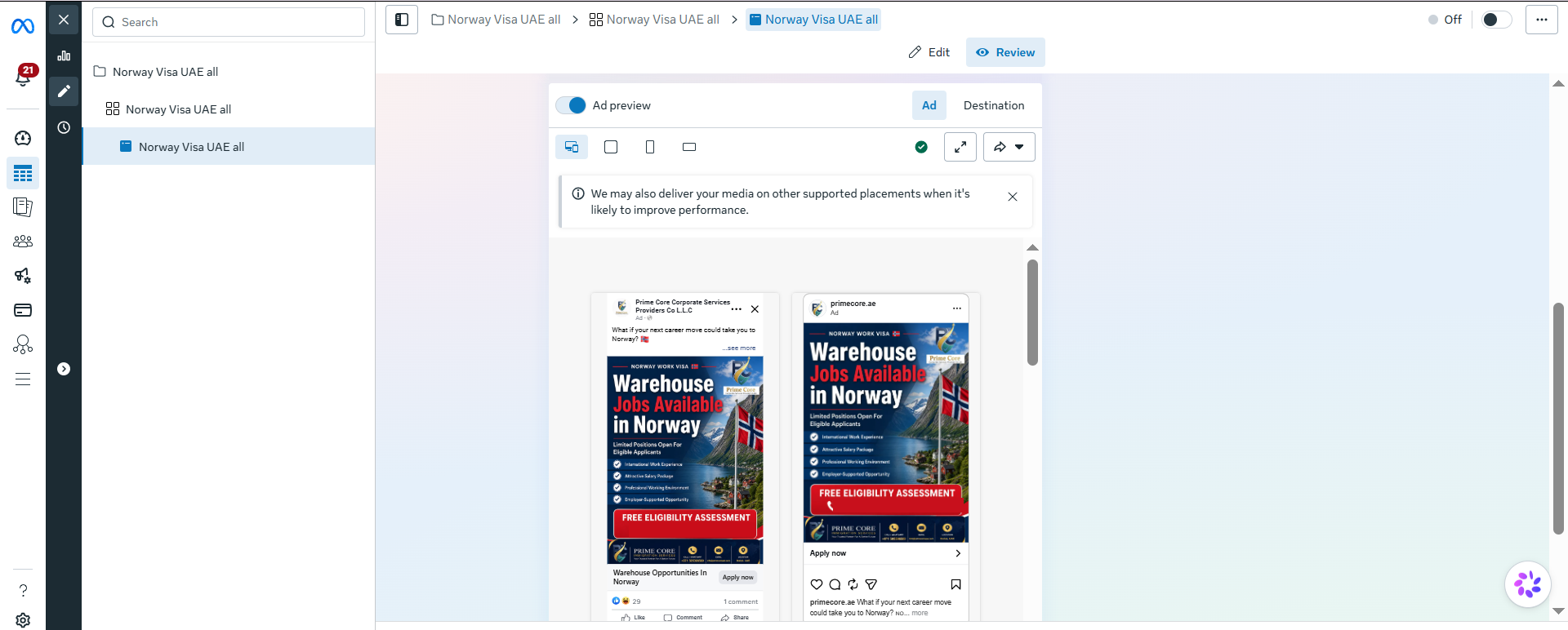 Supplied Prime Core Norway Visa campaign creative with phone numbers masked