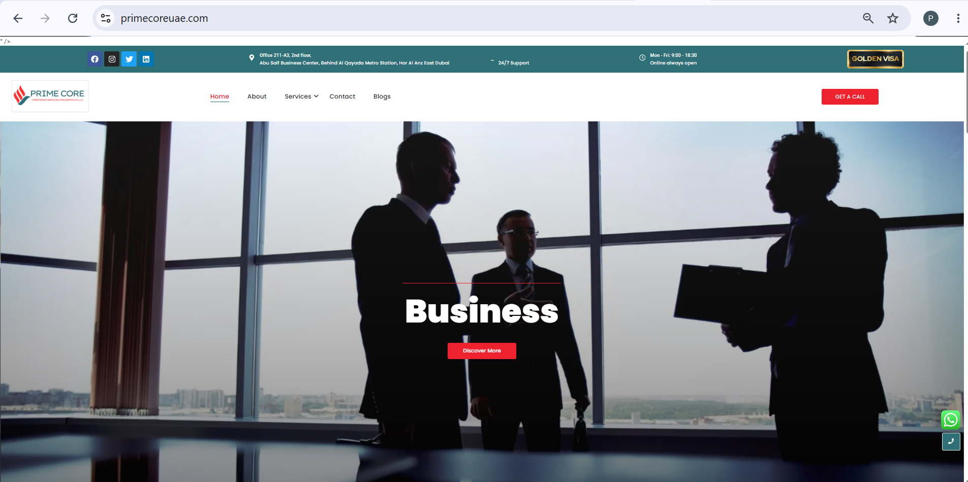 Supplied Prime Core homepage screenshot with client phone number masked