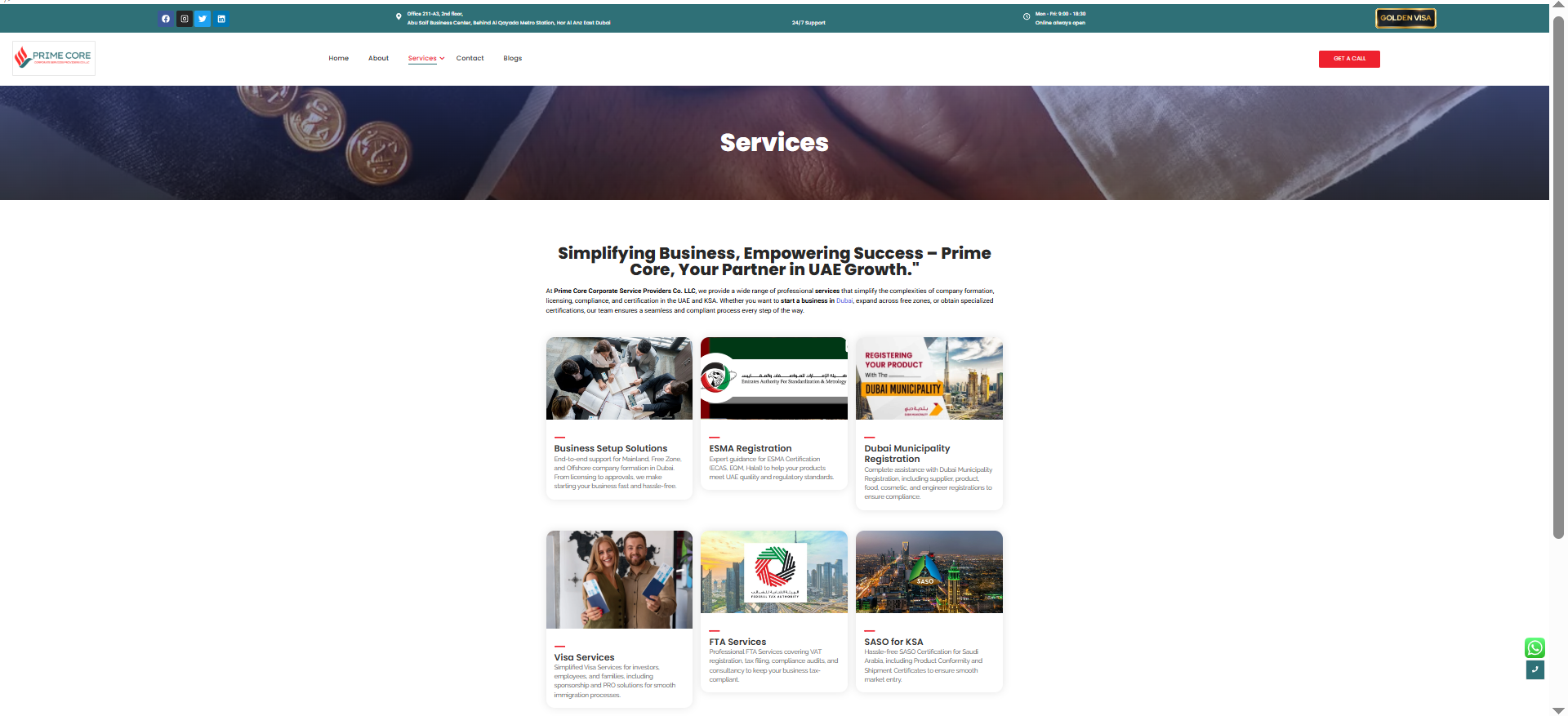 Supplied Prime Core services page screenshot with client phone number masked