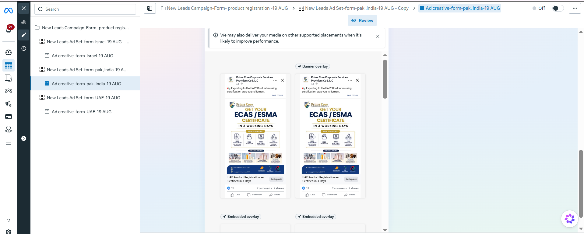 Supplied Prime Core Product Registration ECAS-ESMA campaign creative with phone numbers masked