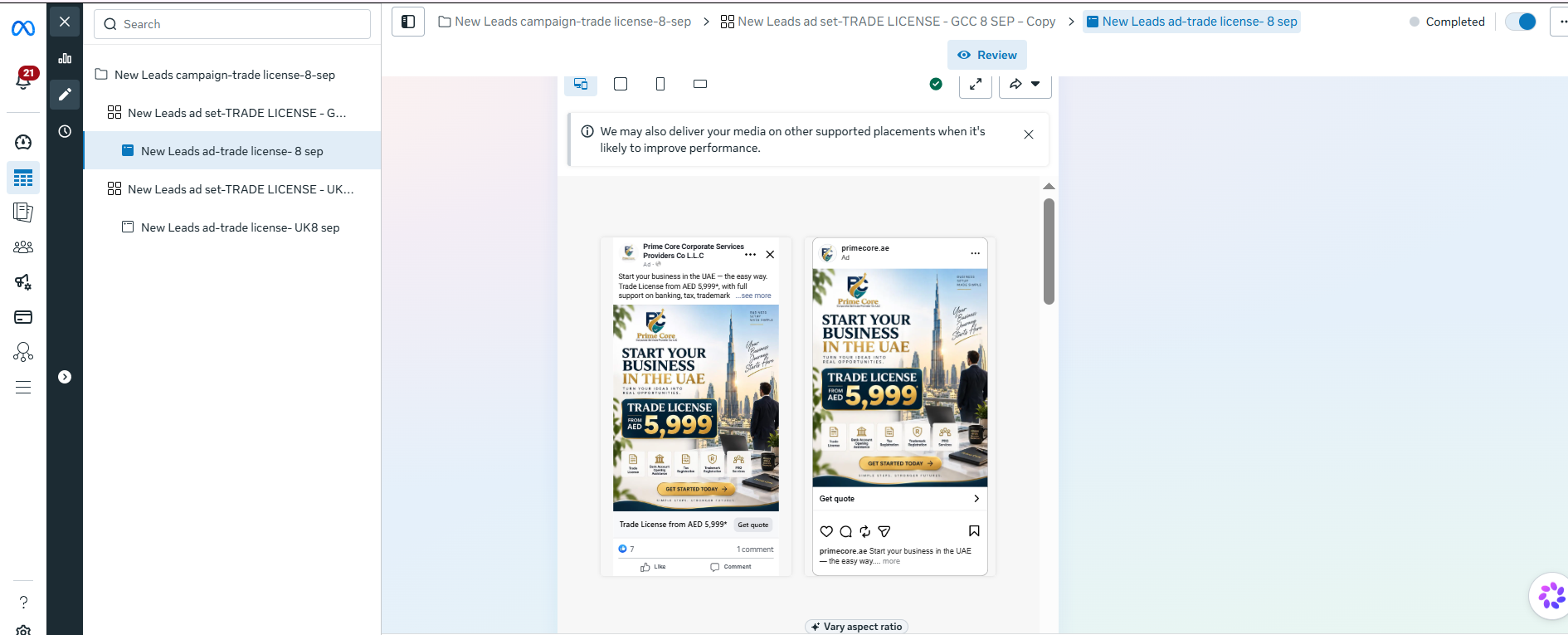 Supplied Prime Core Trade License campaign creative shown in Meta Ads Manager