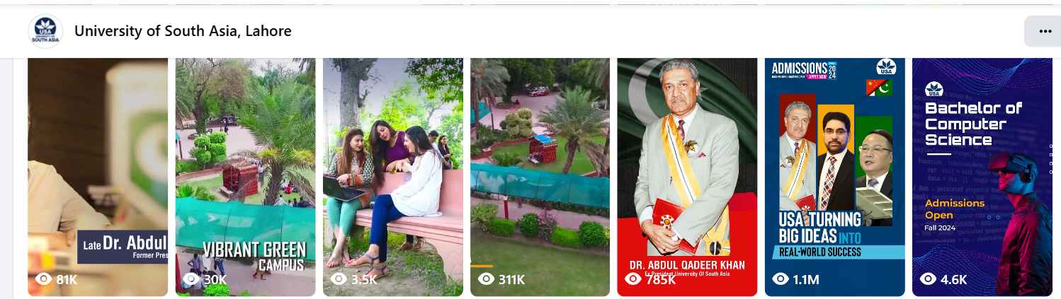 University of South Asia Facebook Reels screenshot showing public video views including 1.1M.