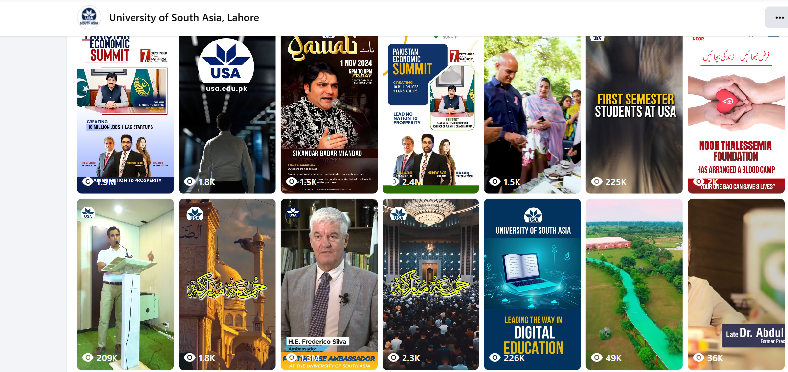 University of South Asia Facebook Reels screenshot showing public video views including 2.4M.